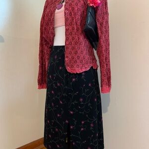 Casual Corner Black and Pink Floral A-Line Skirt